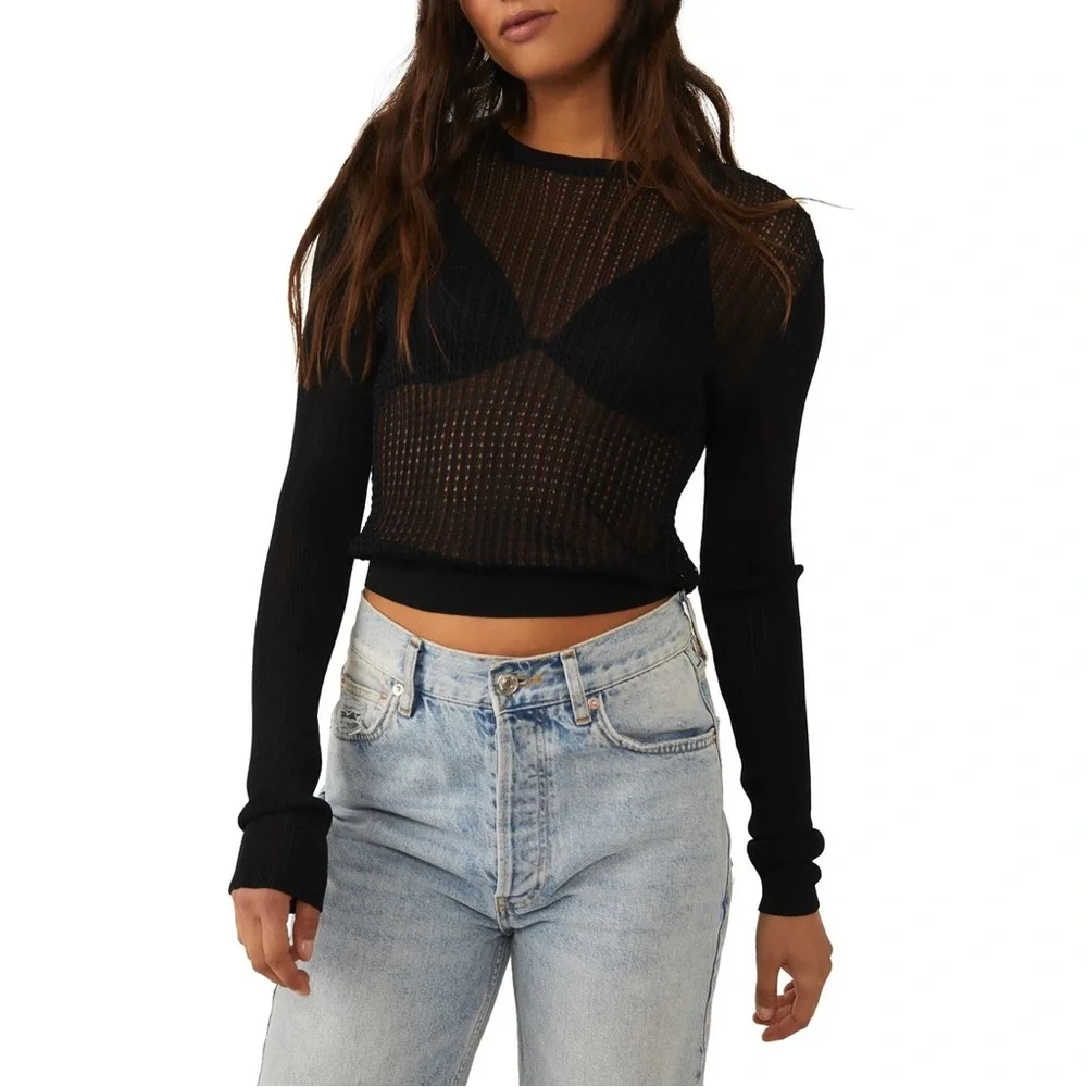 Free People Black Sheer Knit Long Sleeve Crew Sweater